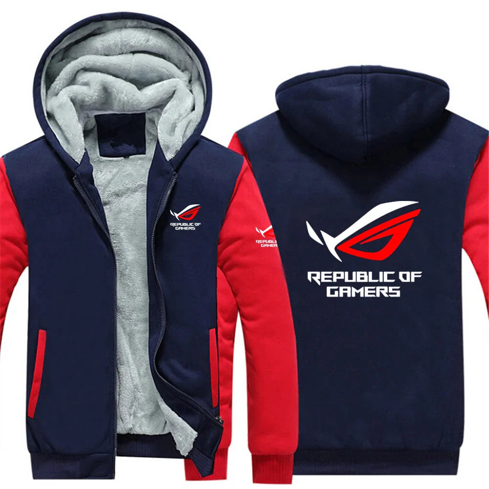 2025 Autumn Winter Cardigan Long Sleeve Thickened Hoodies Men's ROG Republic Of Gamers Print Cold-Proof High Street Hooded Coats
