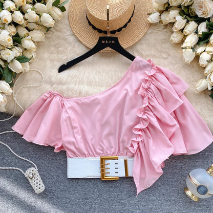 American Chic Blouse for Women Flounced Edge Skew Collar Bare Midriff Belt Skinny Shirts Summer Casual Female Tops Dropshipping