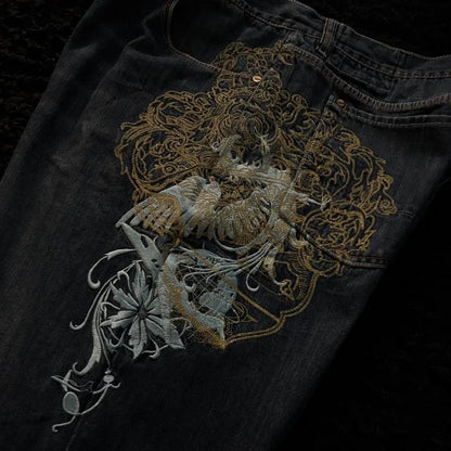American New Fashion Oversize Pattern Embroidered Baggy Jeans Men Y2K Gothic Harajuku Hip Hop Straight High Waist Wide Leg Pants