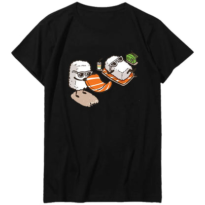Unisex Funny Cartoon Sushi Black & White Cotton T-Shirt Short Sleeve O-Neck Harajuku Streetwear Tee Shirt