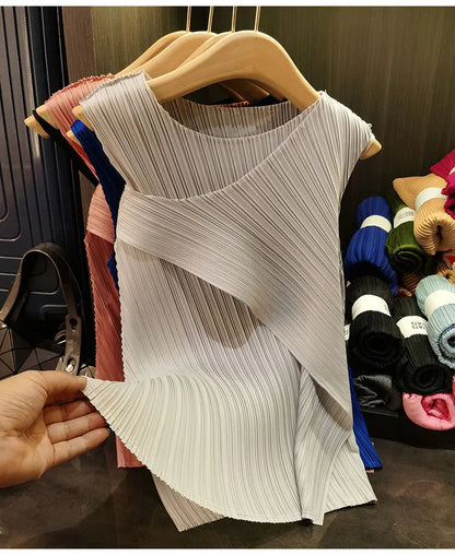 Sleeveless T-shirt Miyake Pleated Summer New Round Neck Slim Thin Versatile Irregular Women's Undershirt Tops Multiple Ways Wear
