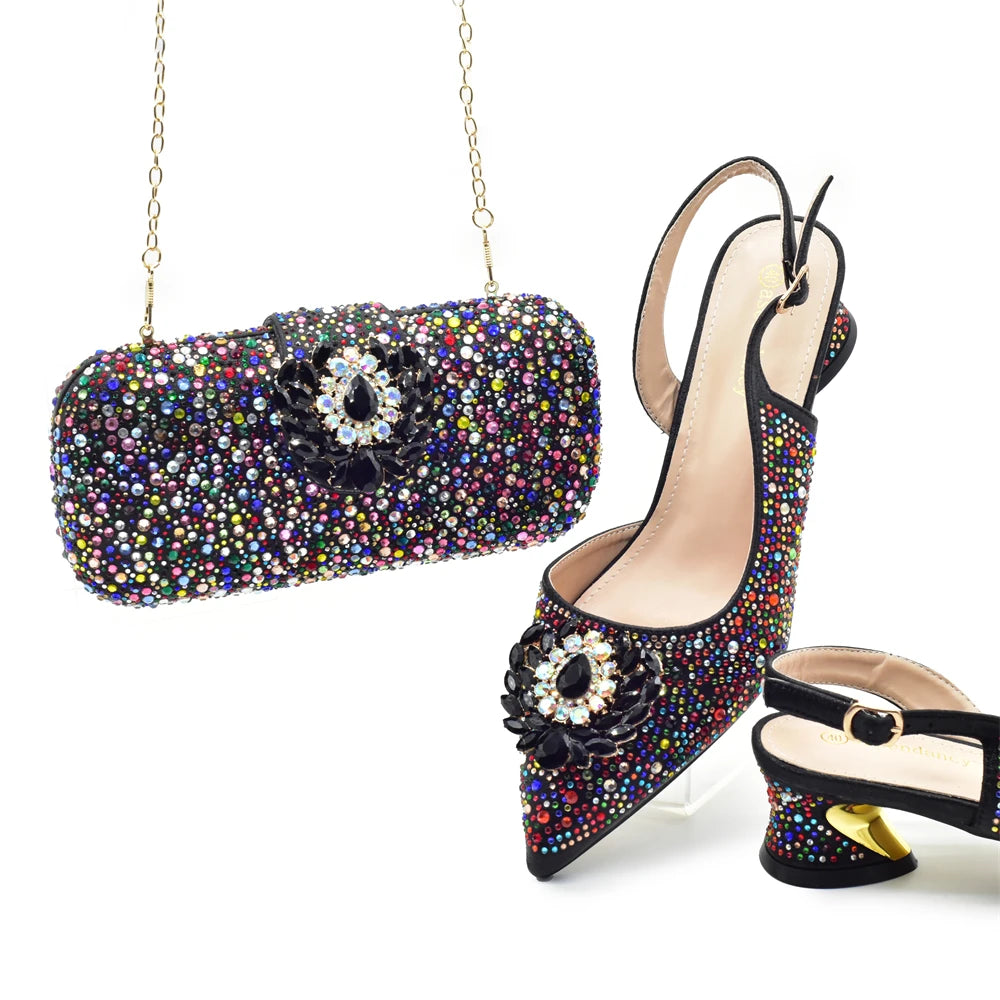 Luxury Designer Silver Italian Matching Shoes and Bag Set Decorated with Rhinestone Shoe and Bag Set for Party in Women Nigerian