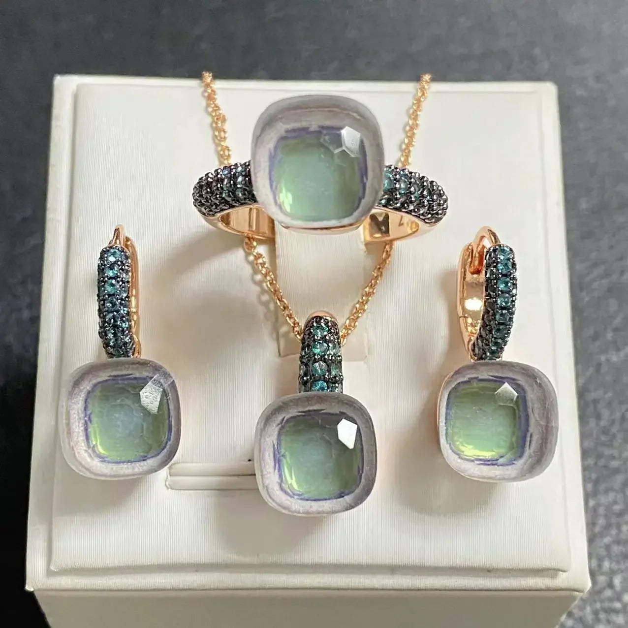 3Pcs Gun Black Plated Blue Zircon Jewelry Set for Women Includes Ring Earrings Necklace Elegant Crystal Blue Topaz Matching Gift