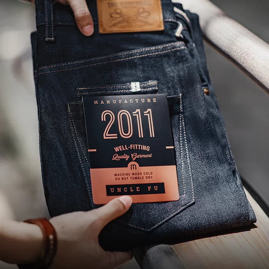 Vintage Raw Denim Jeans for Men Cargo Selvedge Denim Jeans Slim Fit Straight Trousers 13.5OZ Mid Waist Dark Blue Pants