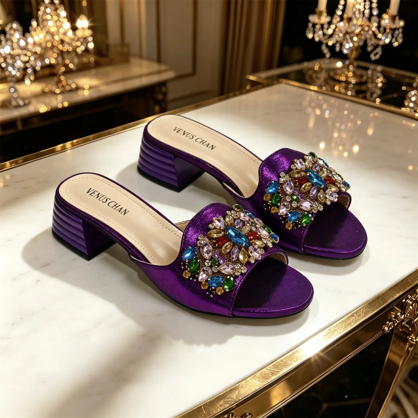 2026 Italian Luxury Dark Purple Rhinestone Sandals Matching Bag Set Women Peep Toe Block Heel Mules Ladies Evening