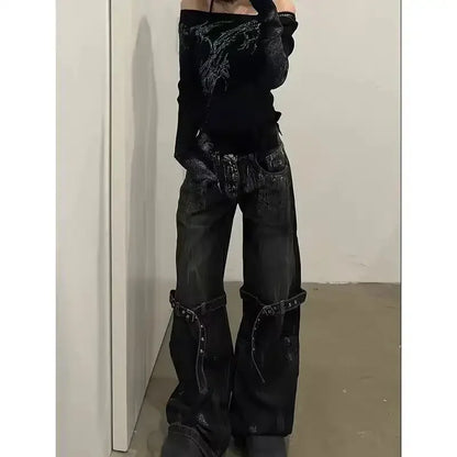 American Retro Wide Leg Baggy Casual Denim Trouser Harajuku Solid High Waist Loose Jeans 2024 Summer Belted Design Women Pants