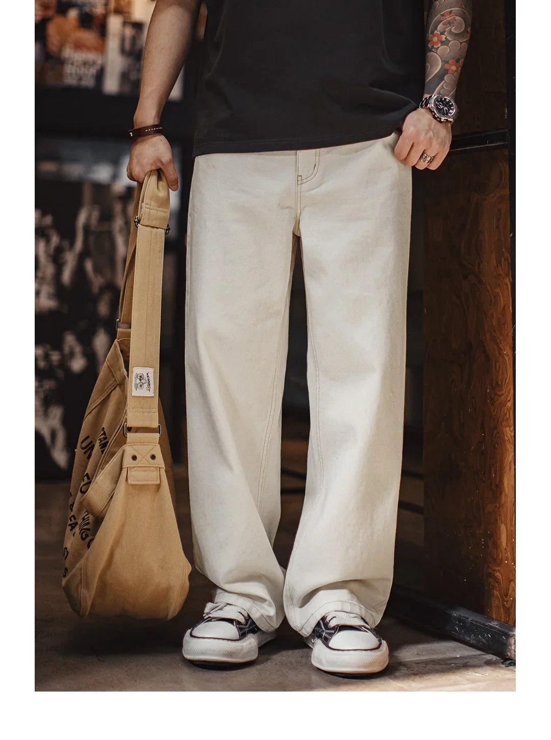 Men's Vintage Heavyweight Washed White Jeans Straight 100% Cotton CleanFit Casual Pants with Zip Fly for Spring and Autumn