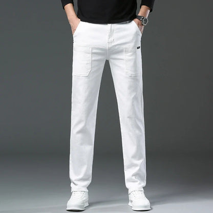 Spring and Autumn Men's Multi-Pocket Design Jeans Fashionable and Versatile White Khaki Red Comfortable Stretch Denim Pants