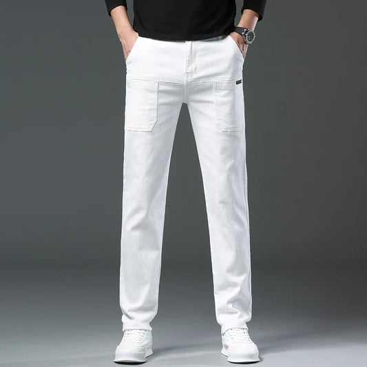 Spring and Autumn Men's Multi-Pocket Design Jeans Fashionable and Versatile White Khaki Red Comfortable Stretch Denim Pants