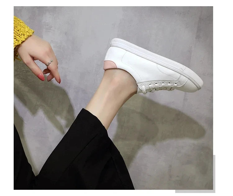 Women's Ladies Female Genuine Leather White Shoes Flats Lace Up Moccasins Spring Autumn Vulcanized Shoes Korean