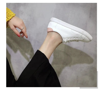 Women's Ladies Female Genuine Leather White Shoes Flats Lace Up Moccasins Spring Autumn Vulcanized Shoes Korean
