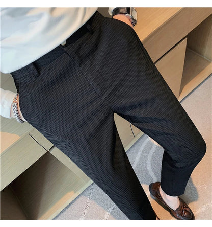 2024 Autumn New Waffle Stretch Waist Business Formal Pants Men Fashion Wedding Slim Trouser Mens Brand Social Party Suit Pants