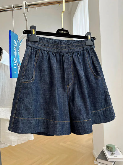 European-style high-end elastic waist casual denim shorts for women, summer thin loose high-waist A-line wide-leg hot pants
