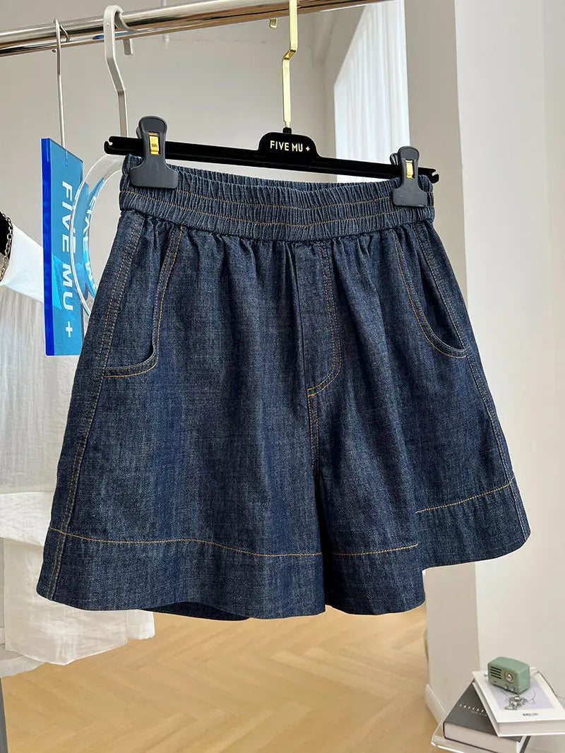 European-style high-end elastic waist casual denim shorts for women, summer thin loose high-waist A-line wide-leg hot pants