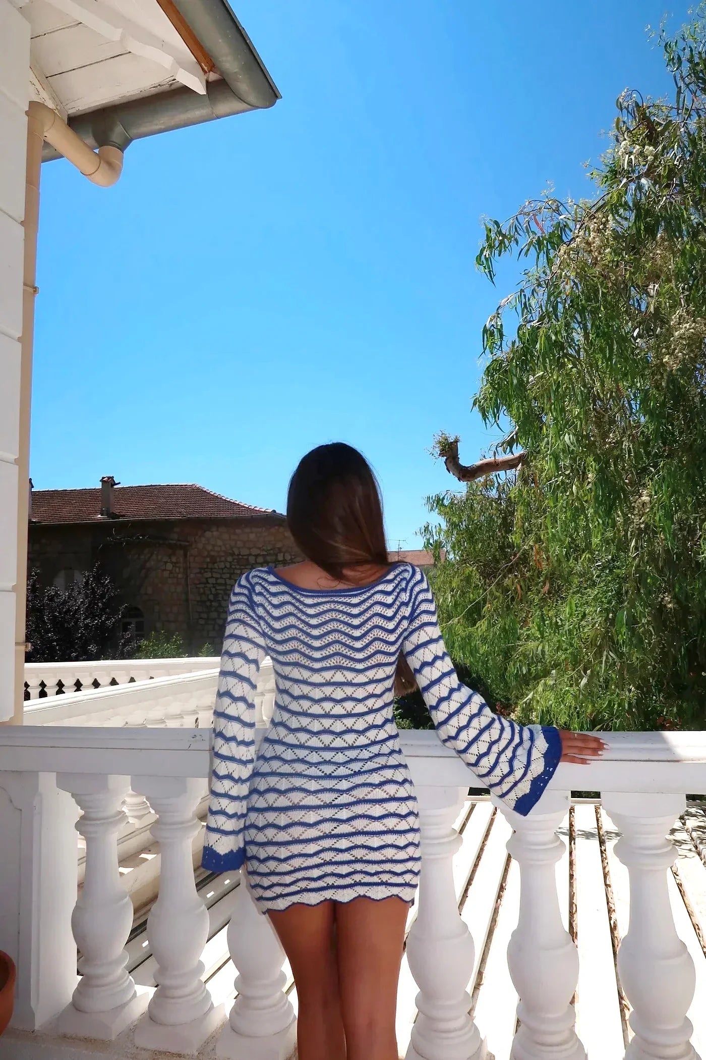Reto Blue Striped Bell Sleeve Knit Dress Sexy V-neck Cut Out 2025 Summer Women Seaside Holiday Mini A-Line Dresses K123