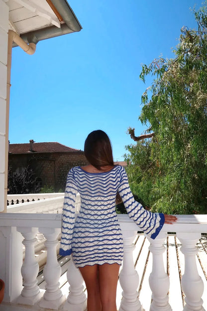 Reto Blue Striped Bell Sleeve Knit Dress Sexy V-neck Cut Out 2025 Summer Women Seaside Holiday Mini A-Line Dresses K123