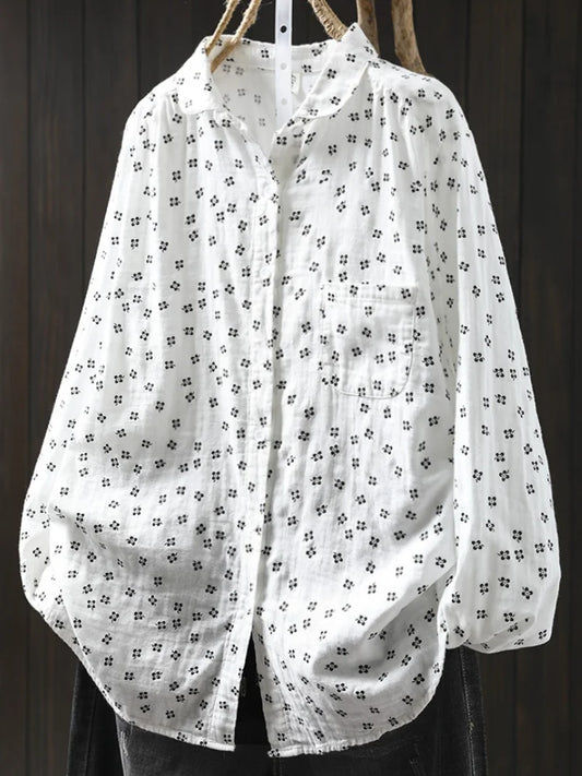 Sweet Snow Dots Print Shirt, Double Layers, Cotton Yarn, Peter Pan Collar, Long Sleeve, Casual Blouse Shirt