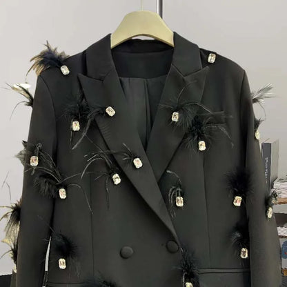 Luxury feather Faux diamond blazer Women 2025 New Double breasted rhinestones jacket High quality Loose Lady suit INKEO 4O089
