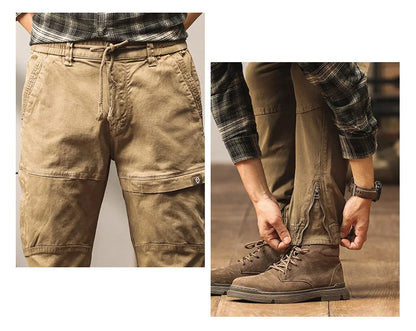 Cotton Men's Cargo Pants Elastic Waist Stretch Trouser Male Multi Pocket Casual Jogger Fit Ankle Length Zipper Purple Drawstring
