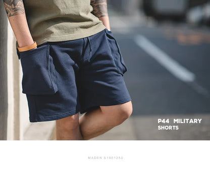Navy Blue P44 Cargo Joggers Shorts Men Loose Cotton Large Pocket Work Tactical Short Pants Amekaji Casual Knitted Shorts