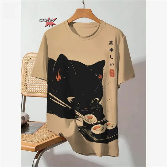 Japanese Ukiyo-E Cute Cat Pattern Round Neck Men's Short Sleeved Daily Oversized T-Shirt Harajuku Y2k T-Shirt T-Shirt Men Top