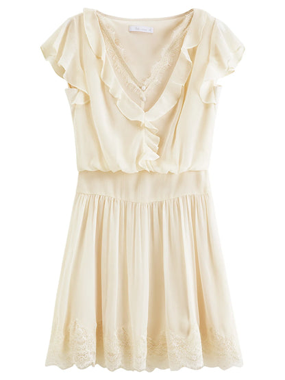2026 Summer Women‘s Tiered Ruffle Lace Trim Chiffon Long Short Dress Flowy Smocked Maxi for French Romantic Coquette Style
