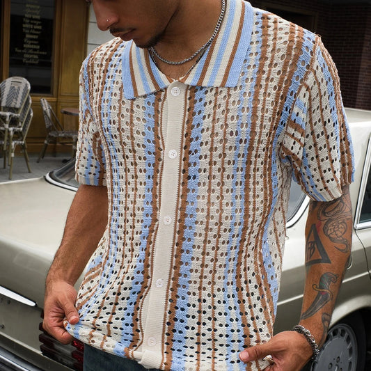 Men's Short Sleeve Summer Fashion Retro Knit Lapel Top Solid Color Soft Breathable Light Polo Knitwear Men US Size