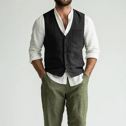 Linen Man Vest Solid Color Elegant for Men's Suit V-Neck Lightweight Casual Style Single-Breasted V-Neck Classic Sleeveless