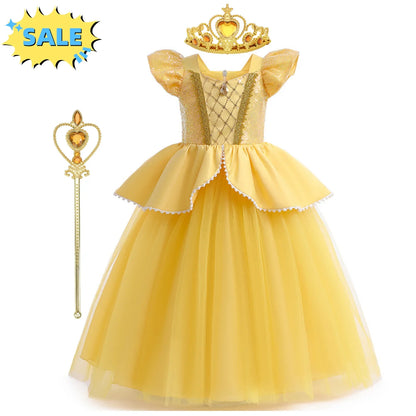 Beauty Beast Halloween Girl Princess Belle Costume Christmas Festive Evening Party Fancy Fairy Yellow Shoulderless Long Dresses