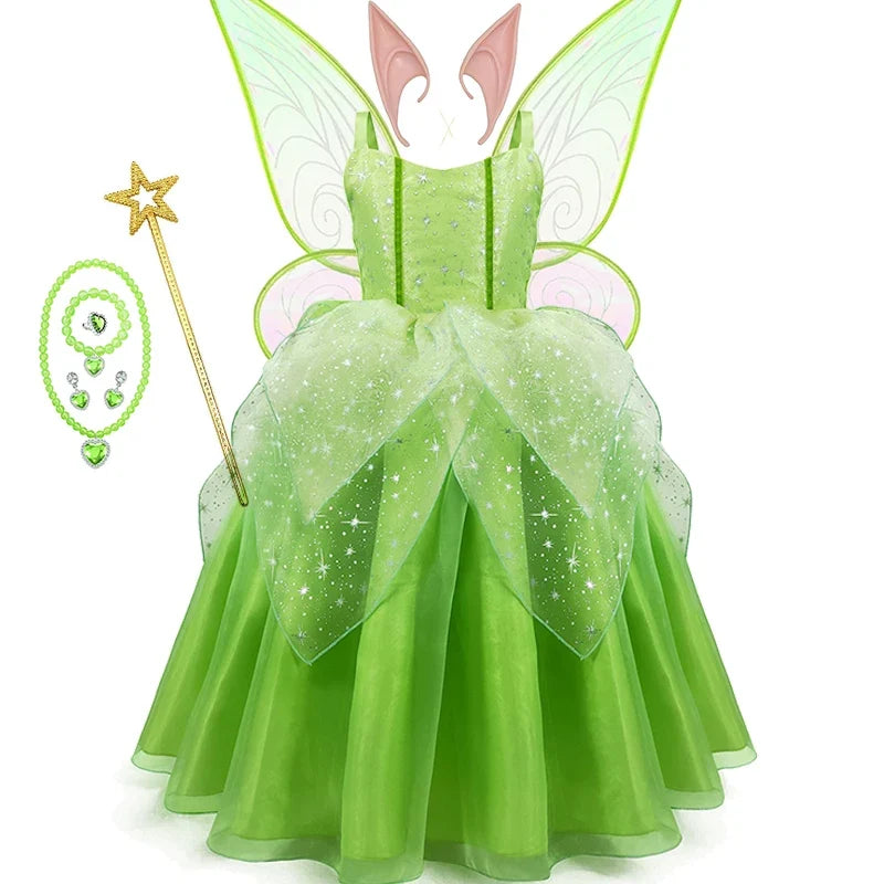 Girls Fairy Dress Up Kids Princess Green Flower Fairy Dress With Wings Princess Costume Party Tinkerbell Tinker Bell Dresses