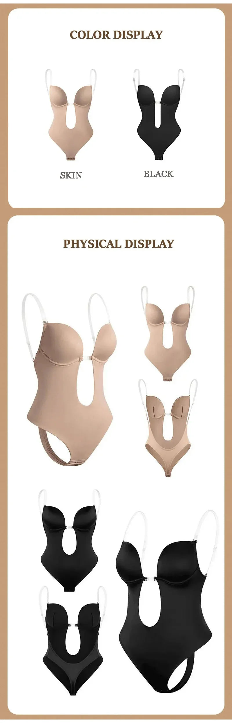 One-Piece Deep V-Neck Push Up Body Shapewear Bodysuit Women's Thong Bottom Underwear Slimming U-Shaped Low Back Backless Corset