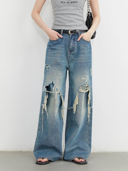 Women Jeans Loose Casual High Waisted Wide Leg Ripped Rough Edge Denim Pants Female Trousers Spring Autumn 2025