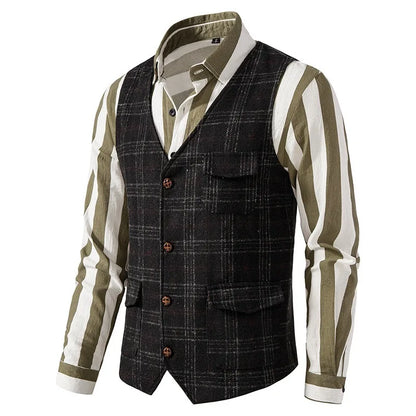 Suit Vest Men British Style Plaid Single-breasted Pocket Man Waistcoat Business Casual Slim Sleeveless Male Vest