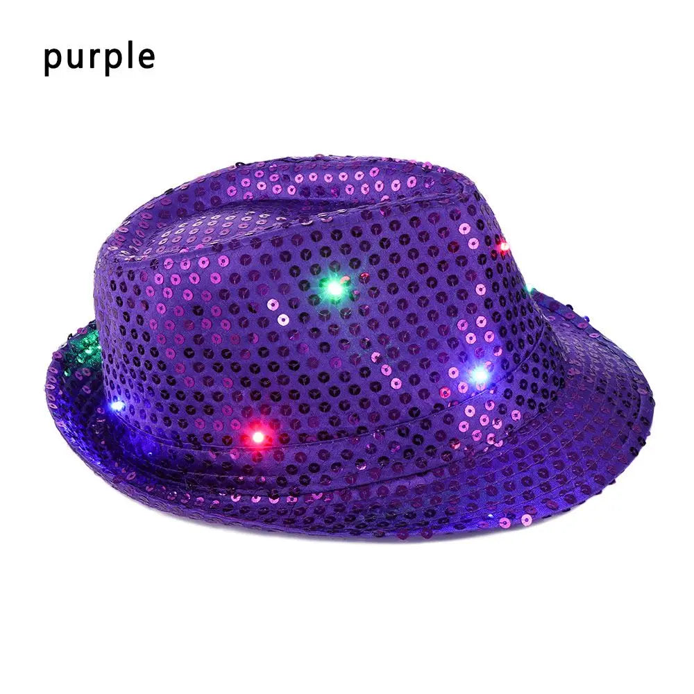 Unisex Light Up Flashing Led Fedora Trilby Jazz Hat Panama Cap Sequin