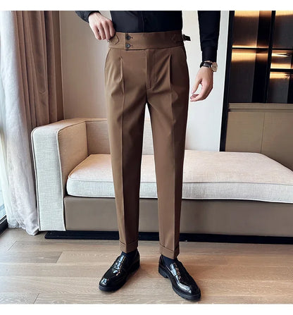 Autumn Winter High Waist Business Dress Pants Men Casual Belt Design Slim Suit Pants Formal Wedding Social Party Male Trousers