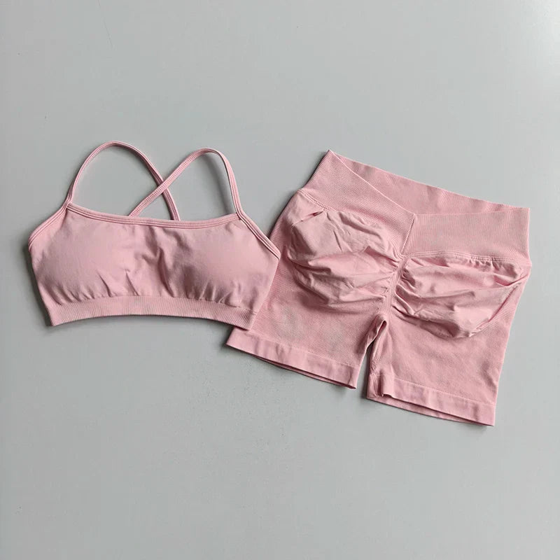 2PCS Women's High Waist Seamless Yoga Gym Set Sports Bra Top with Scrunch Shorts Fitness Workout Sportswear
