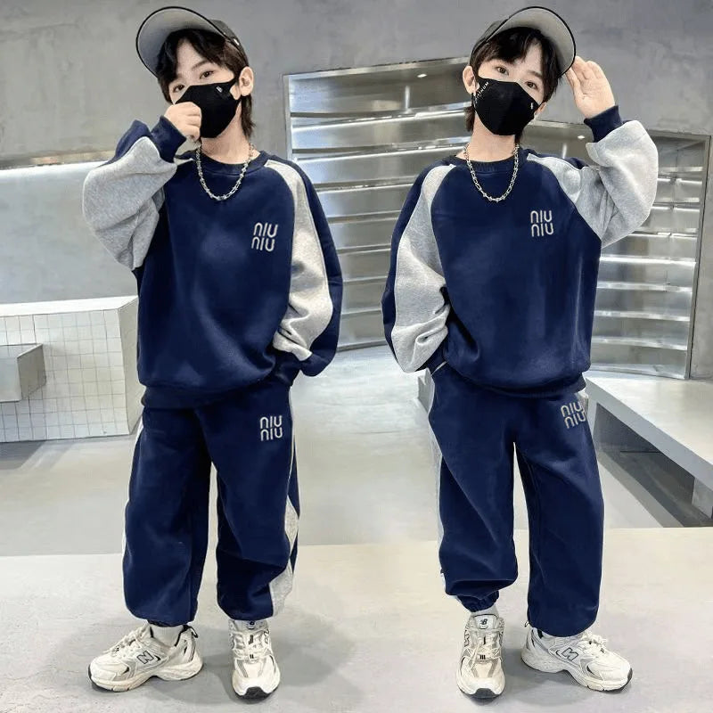 Spring Autumn Boys Embroidery Alphabet Workout Sweatshirt+Sweatpant Set School Kids 2PCS Tracksuit Children Jogger Outfit 7-16Yr