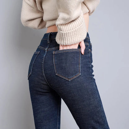2023 Fashion Women Stretch High Waist Pencil Pants Casual Female Velvet Jeans High Quality Fleece Mom Jeans Thick Plush Pants
