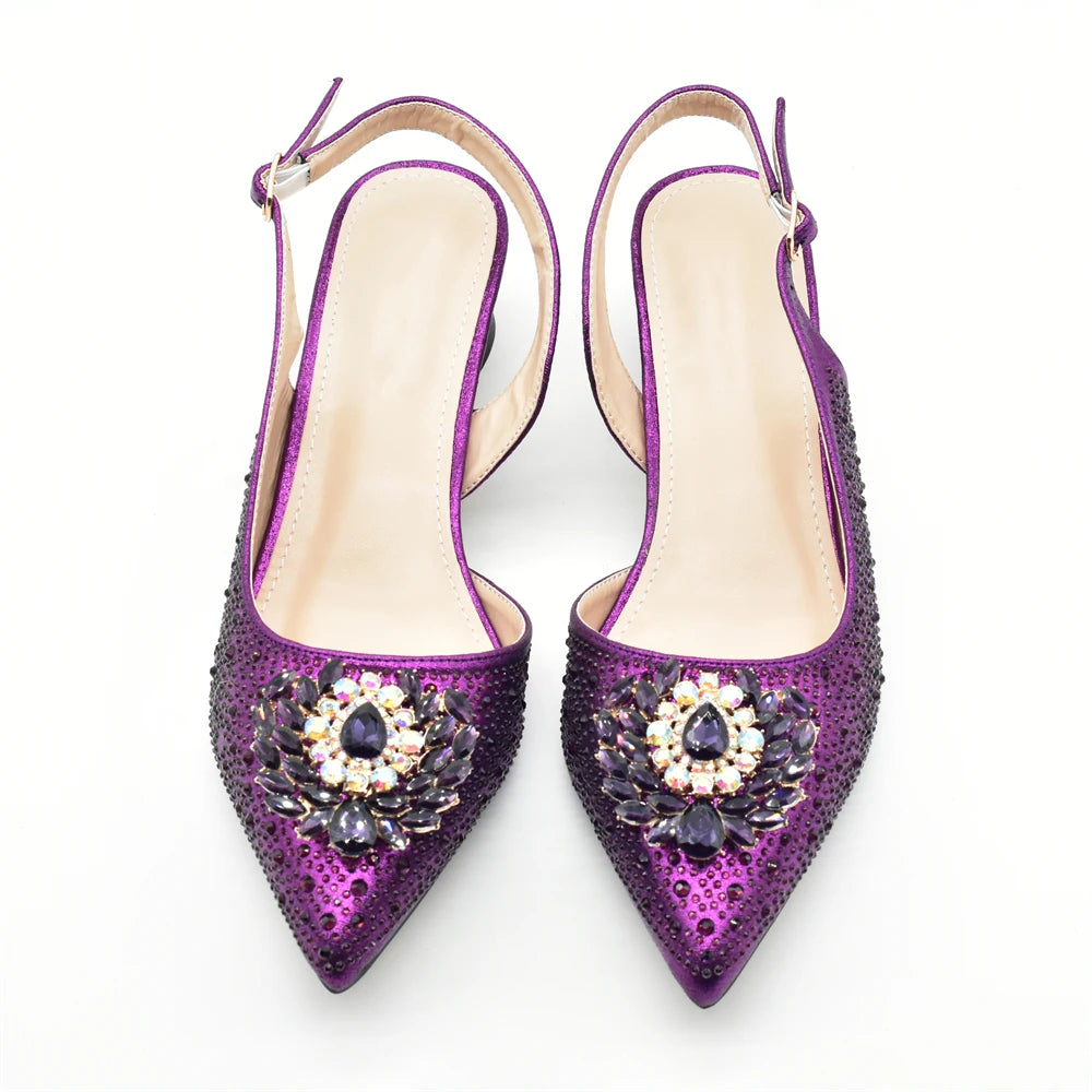 Purple Shoe and Bag Set for Party Women Shoes and Bags To Match Set Italy Elegant Rhinestone Lady Heeled Pumps Women Wedding