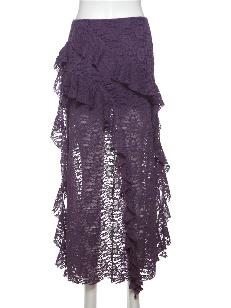 Women Tassel Skirt Irregular Hem Multi Layered Ruffles Lace Patchwork Sweet Summer Daily Wear Skinny Versatile Purple Skirt