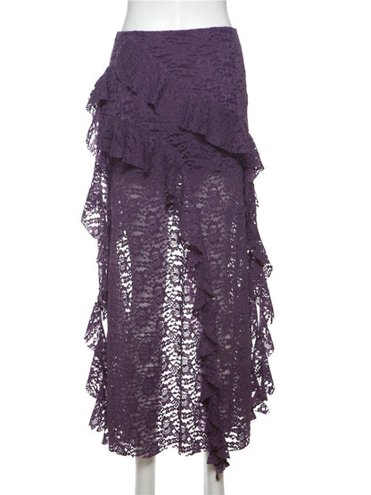 Women Tassel Skirt Irregular Hem Multi Layered Ruffles Lace Patchwork Sweet Summer Daily Wear Skinny Versatile Purple Skirt