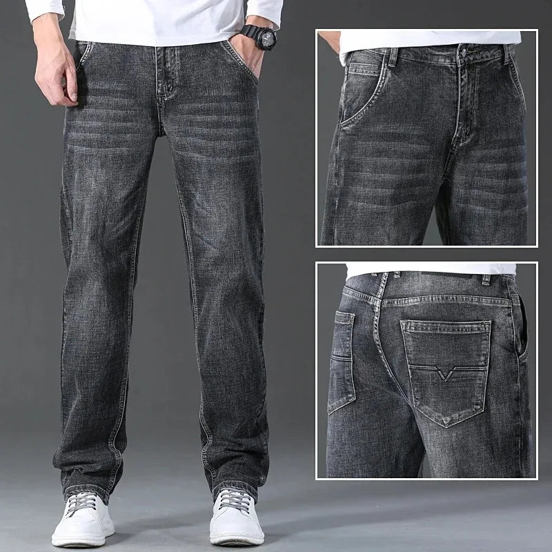 2026 Regular Fit Jeans Classic Style  Spring Summer New Men's Light Blue Stretch Denim Fabric Pants Male Brand