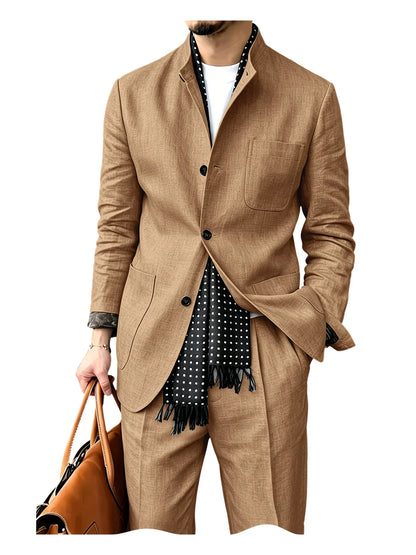 Men's Linen Blend 2 Piece Suit Set Stand Collar Breathable Casual Blazer Pants For Business Daily Wear