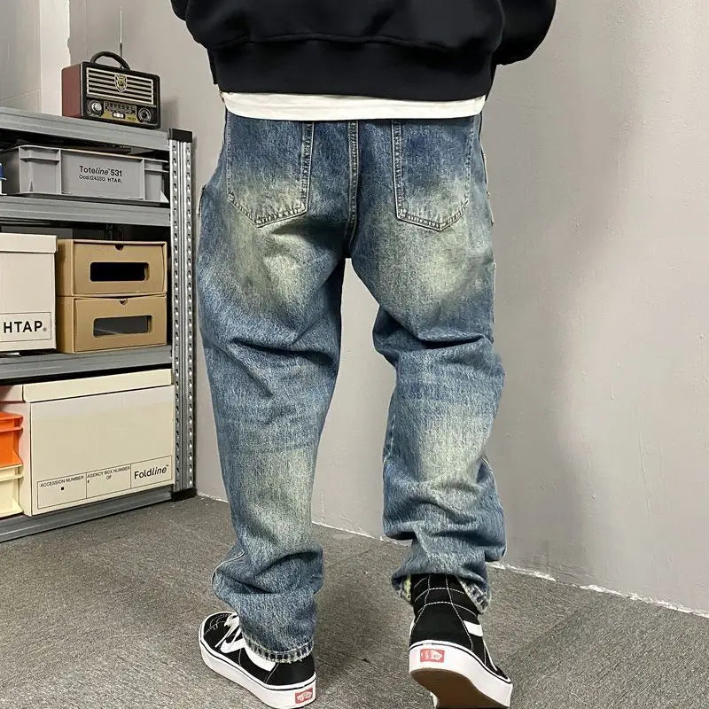 Autumn American Casual Ruffian Handsome Washed Retro Tooling Jeans Men's Straight Loose High Street Tapered Pants Tide