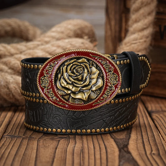 Men & Women-Western-Cowboy-PU Leather-Belts - Vintage Horse Belt Floral Engraved Buckle Belt for Jeans