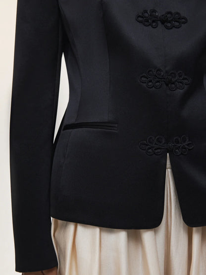 Women's Spring Summer Satin Mandarin Collar Knot Button Blazer Chic Formal Casual Wear 2026 Trendy Feminine Fashion Coat