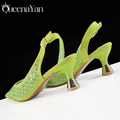 Coffee Color Elegant Lady Shoes And Bag Set with Full Rhinestone Embellished Pearls-knot And Comfortable Heel
