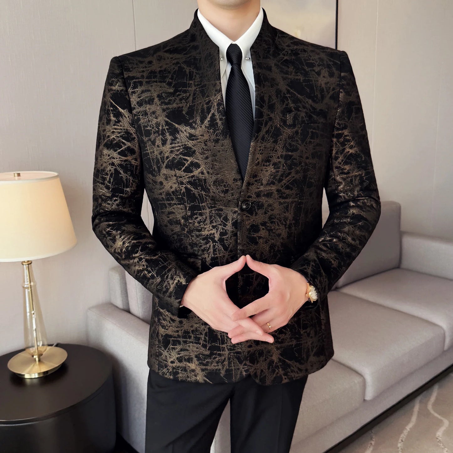 New Chinese Style Stand Up Collar Jacquard Suit Coats Men Slim Business Casual Fashion Suits Jacket Formal Social Party Tuxedos