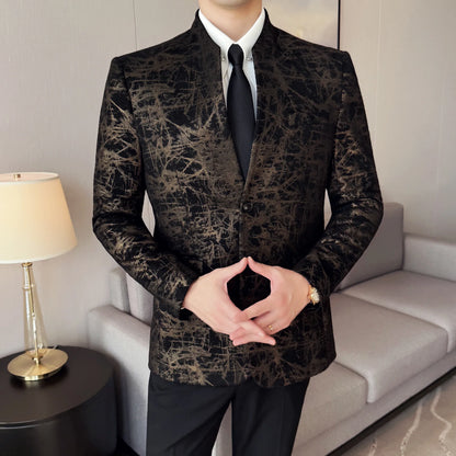 New Chinese Style Stand Up Collar Jacquard Suit Coats Men Slim Business Casual Fashion Suits Jacket Formal Social Party Tuxedos