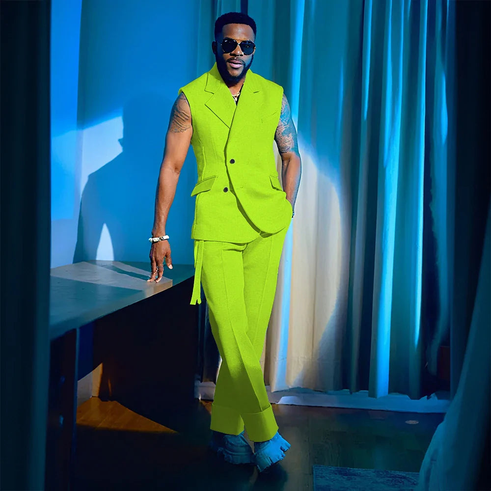 2025 Summer Hot 2 Pieces Jacket Pants Single Breasted Notch Collar High Quality Business Male Clothing Sleeveless Fashion